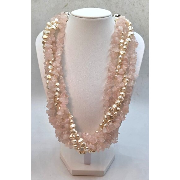 Multi-Strand Rose Quartz & Freshwater Pearl Necklace With Silver-Tone Adjustable - Picture 3 of 3
